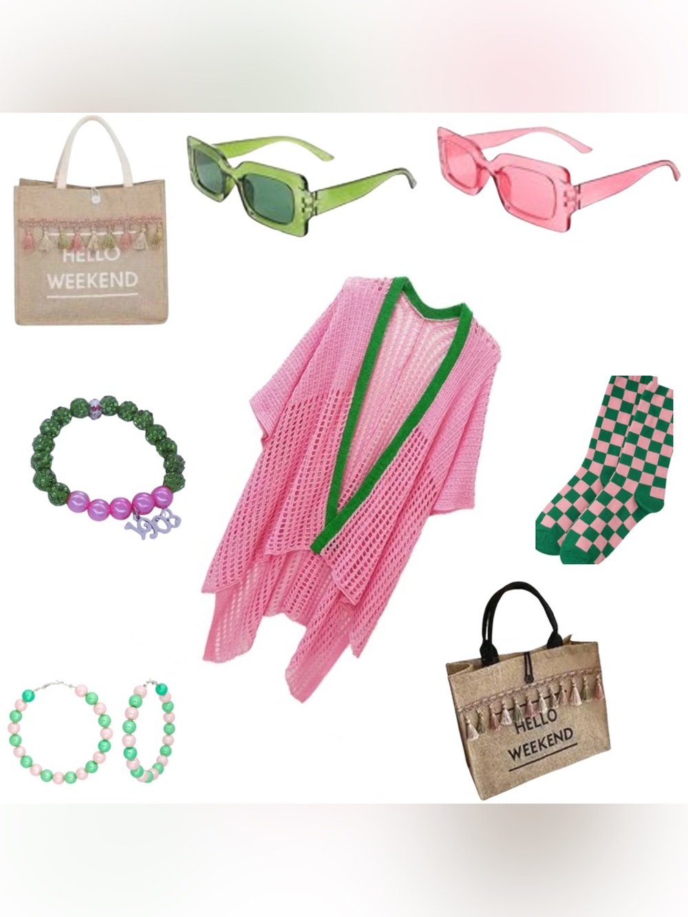 Pink and Green Mesh Kimono Cover-Up  with Weekend Bag & Accessories Bundle